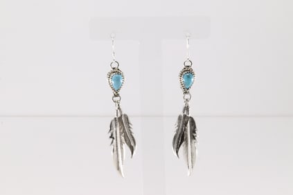 Native America Navajo Sterling Silver Turquoise Dangling Feather By Sharon McCarthy.