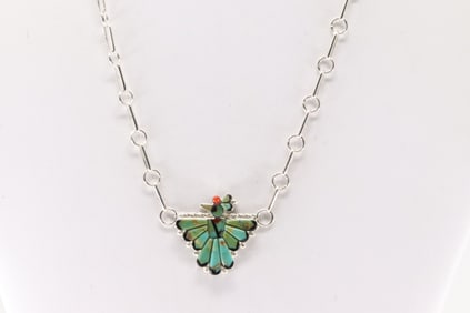 Native America Zuni Sterling Silver Multi-Color Stone Inlay Bird Necklace By Michelle Peina.