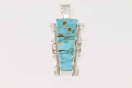 Native American Navajo Sterling Silver Kingman Turquoise Inlay Pendant By S.F.