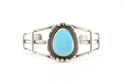 Native America Navajo Sterling Silver Kingman Turquoise Bracelet Cuff By Allanna Yellow.