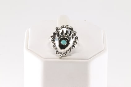 Native American Navajo Sterling Silver Bear Paw Turquoise Ring By Betty Hawthorne.