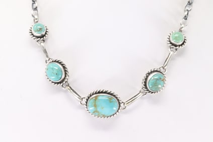 Native America Navajo Sterling Silver Kingman Turquoise Necklace By Augustine Largo.