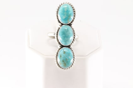 Native America Navajo Sterling Silver Turquoise Ring 3 Stone By Eugene Belone.