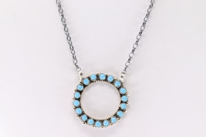 Native America Zuni Sterling Silver Turquoise Necklace By Phyllis Laati.