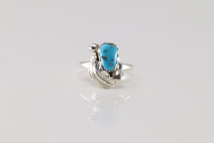 Native America Navajo Sterling Silver Turquoise Ring Leaf By M.S.