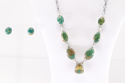 Native America Navajo Sterling Silver Kingman Turquoise Necklace & Earring's Set By Augustine Largo.