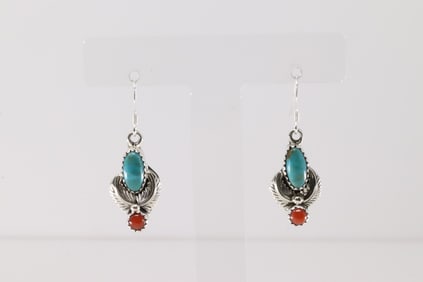 Native America Navajo Sterling Silver Coral & Turquoise Dangling Earring's By Robert Martinez.