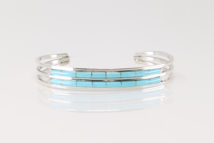 Native American Zuni Sterling Silver Turquoise Inlay Bracelet Cuff By Anson Wallace.