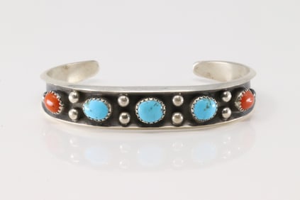 Native American Navajo Sterling Silver Coral & Turquoise Bracelet Cuff By Paul Largo.