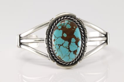 Native America Navajo Sterling Silver Number 8 Turquoise Bracelet Cuff By Augustine Largo.