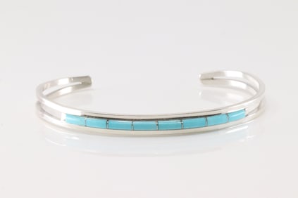 Native America Zuni Sterling Silver Turquoise Inlay Bracelet Cuff By A.L.W.