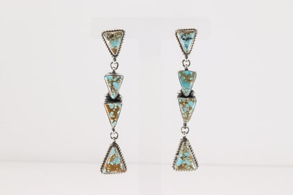 Native America Navajo Sterling Silver Kingman Turquoise Post / Dangling Earring's By Judith Dixon.