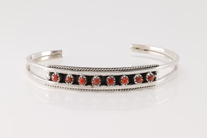 Native America Zuni Sterling Silver Coral Bracelet Cuff By Susie Livingston.