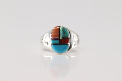 Native America Zuni Sterling Silver Multi-Color Stone Inlay Ring By M.L.