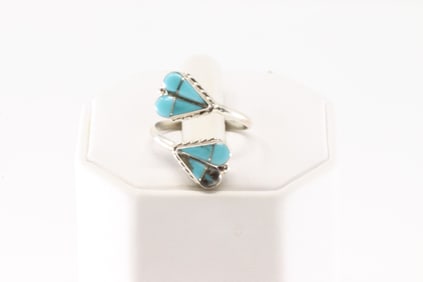 Native America Zuni Sterling Silver Turquoise Inlay Ring By R.V.N.