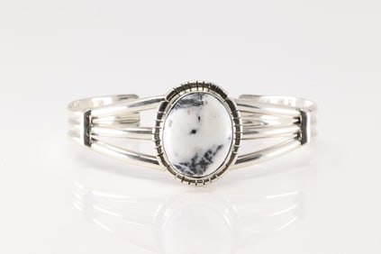 Native America Navajo Sterling Silver White Buffalo Bracelet Cuff By S.E.