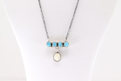 Native America Navajo Sterling Silver Turquoise & Pearl Necklace By S.