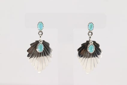 Native America Navajo Sterling Silver Turquoise Leaf Post / Dangling By Genevieve Francisco.