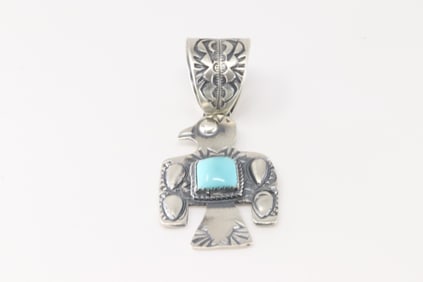 Native America Navajo Sterling Silver Turquoise Thunderbird Pendant By Richard Yazzie.