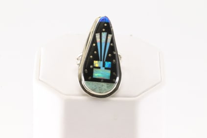 Native America Navajo Sterling Silver Multi-Color Inlay Sky Night Ring By Gilbert Smith.