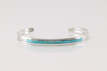 Native America Zuni Sterling Silver Turquoise Inlay Bracelet Cuff By Anson Wallace.