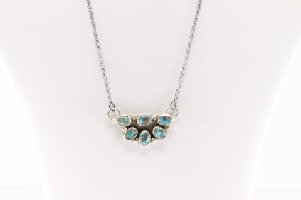 Native America Navajo Sterling Silver Kingman Turquoise Necklace By Maxine Ramirez.
