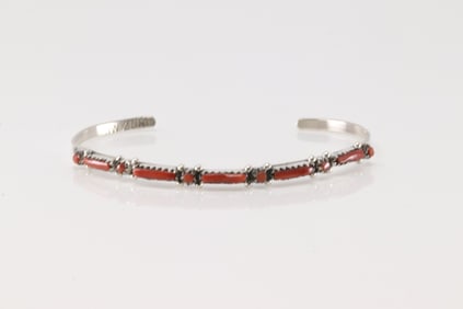 Native America Zuni Sterling Silver Coral Bracelet Cuff By Erik Wayco.