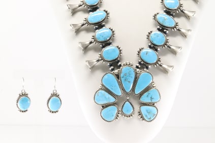 Native America Navajo Sterling Silver Kingman Turquoise Squash Blossom Necklace & Earring's Set By