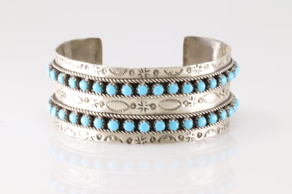 Native America Zuni Sterling Silver Turquoise Bracelet Cuff By P.Ukestine.