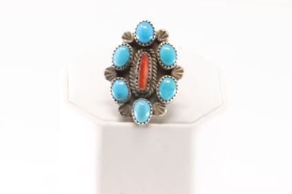 Native America Navajo Sterling Silver Coral & Turquoise Ring By P.R.