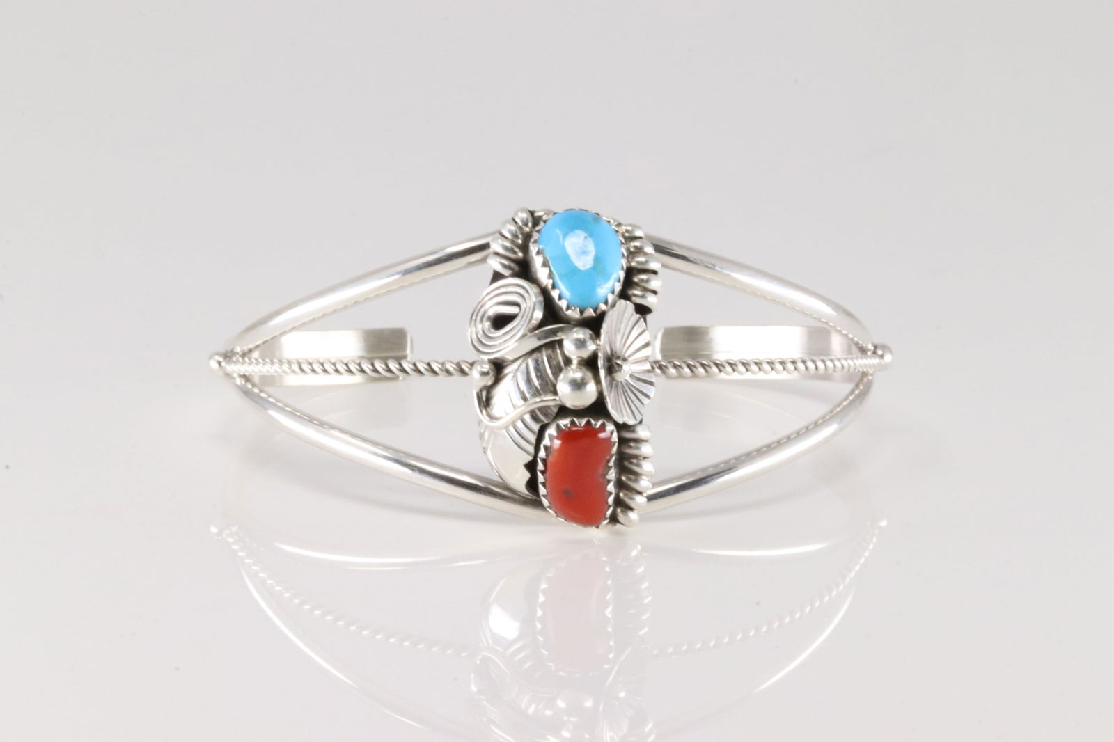 Native America Navajo Sterling Silver Coral & Turquoise Bracelet Cuff By Max Calladitto. (1 of 4)