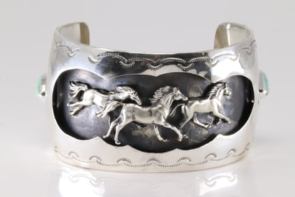 Native America Navajo Sterling Silver Turquoise Horse Bracelet Cuff By Darrell Morgan.
