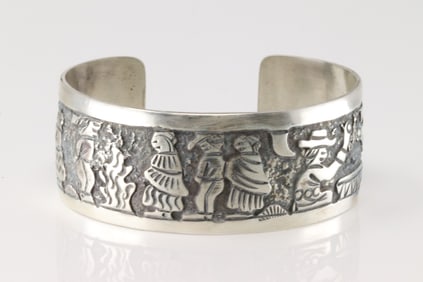 Native American Navajo Sterling Silver Storyteller Bracelet Cuff By B.