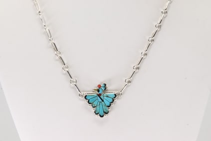 Native America Zuni Sterling Silver Multi-Color Stone Inlay Bird Necklace By Michelle Peina.