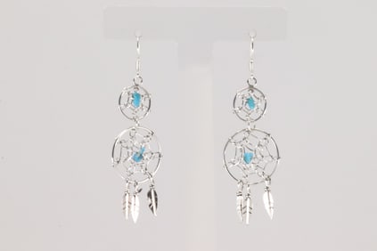 Native America Navajo Sterling Silver Turquoise Catch Dream Dangling Erring By Lorenzo Arviso.