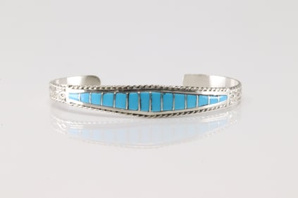 Native America Zuni Sterling Silver Turquoise Inlay Bracelet Cuff By Mirenda Penetsa.