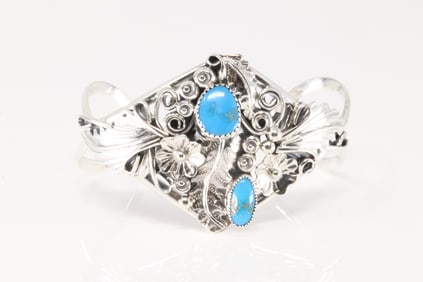 Native America Navajo Sterling Silver Turquoise Bracelet Cuff By Harry B.Yazzie.