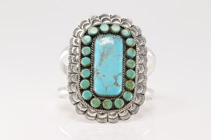 Native American Navajo Sterling Silver Kingman Turquoise Bracelet Cuff By Larry Etcitty.