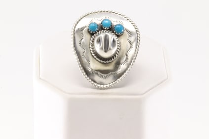 Native America Navajo Sterling Silver Turquoise Cowboy Hat Ring By Bobby Platero.