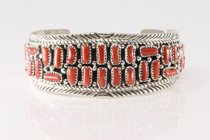 Native America Navajo Sterling Silver Coral Cluster Bracelet Cuff By Marlene Janes.