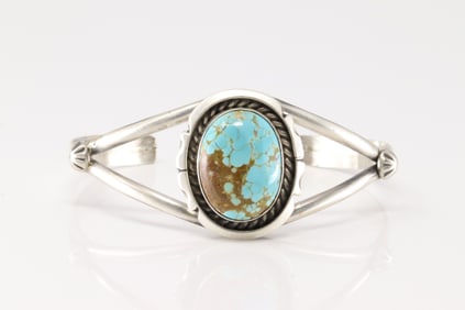 Native America Navajo Sterling Silver Number 8 Turquoise Bracelet Cuff By Augustine Largo.