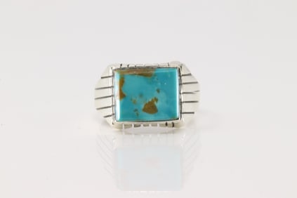 Native America Navajo Sterling Silver Men Turquoise Ring By R.