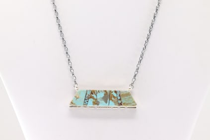 Native America Navajo Sterling Silver Number 8 Turquoise Inlay Necklace By Brandon Etcitty.