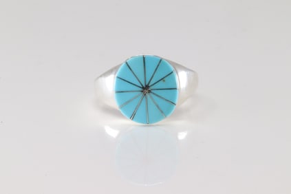 Native America Navajo Sterling Silver Turquoise Inlay Ring By J.L.