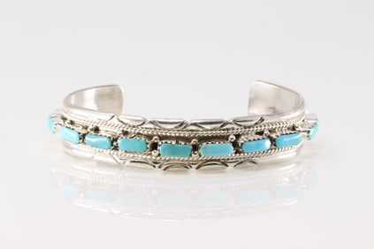Native America Zuni Sterling Silver Turquoise Bracelet Cuff By Joyce Waseta.