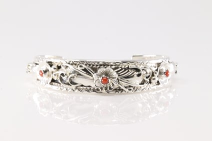 Native American Navajo Sterling Silver Coral Floral Bracelet Cuff By Bessie Joe.