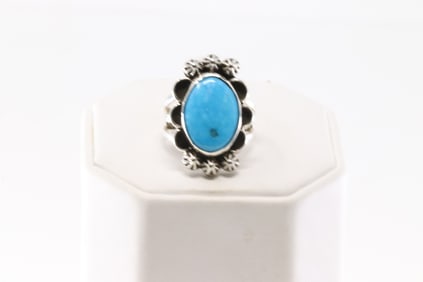 Native America Navajo Sterling Silver Turquoise Ring By Arlene Lewis.
