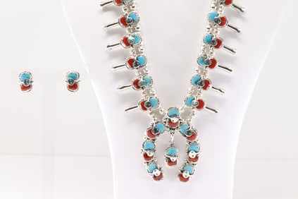 Native America Zuni Sterling Silver Coral & Turquoise Squash Blossom Necklace & Earring's Set By
