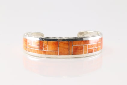 Native America Zuni Sterling Silver Spiny Oyster Inlay Bracelet Cuff By Glendora Booqua.