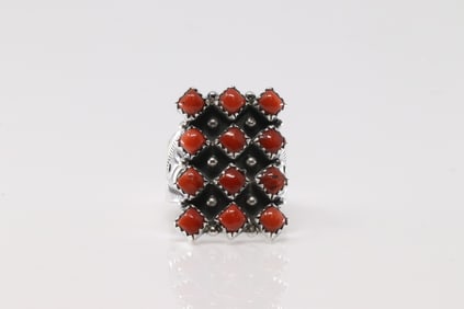Native America Navajo Sterling Silver Coral Ring 3 Rows By Verley Betone.